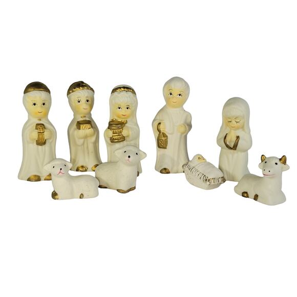 9 Pc Vintage White & Gold Porcelain Nativity Set Figurines Christmas Decoration - Picture 15 of 15